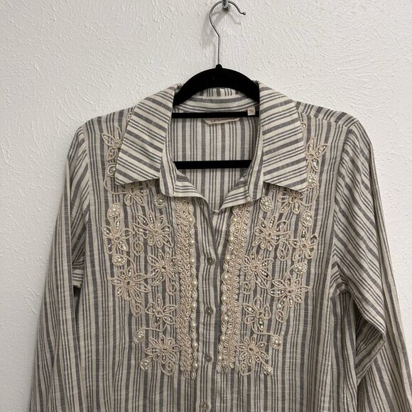 Soft Surroundings Blouse Womens M Embroidered Beaded Floral Striped Cotton Tunic - Picture 3 of 12